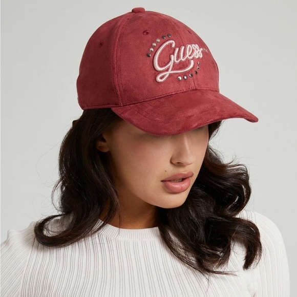 New Guess Faux Suede Embroidered Cap Red - Picture 1 of 9